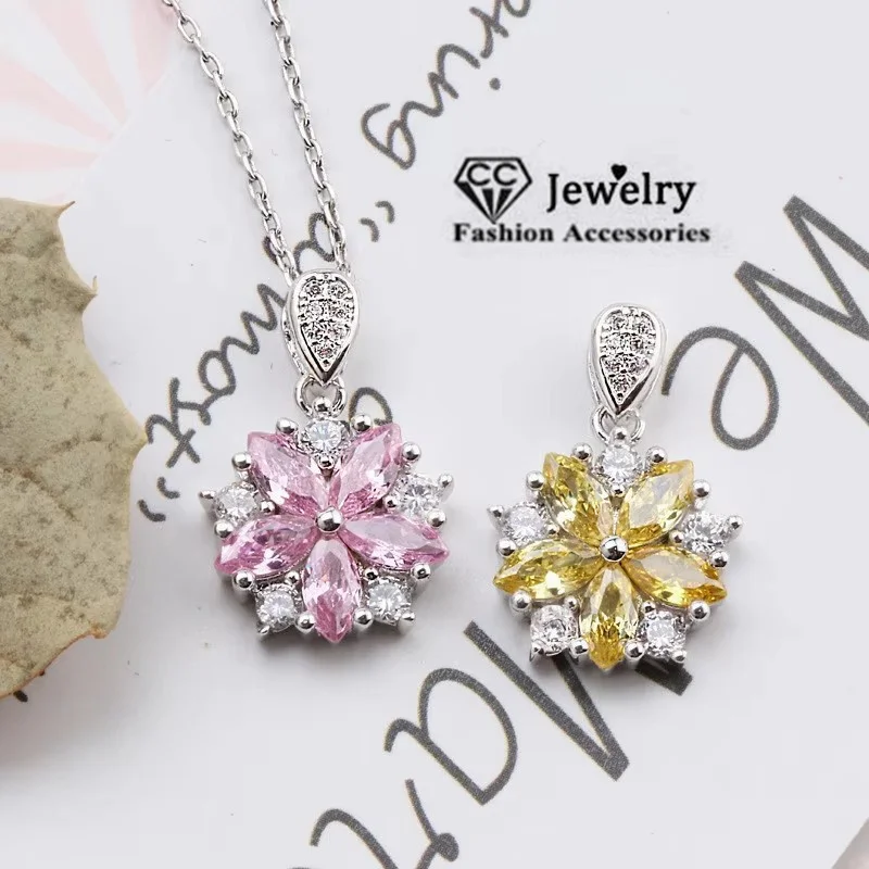 CC-Anhänger-Halskette für Damen, Kette, Zirkonia, rosa/gelber Stein, Blumendesign, Modeschmuck, Accessoires, CCN255