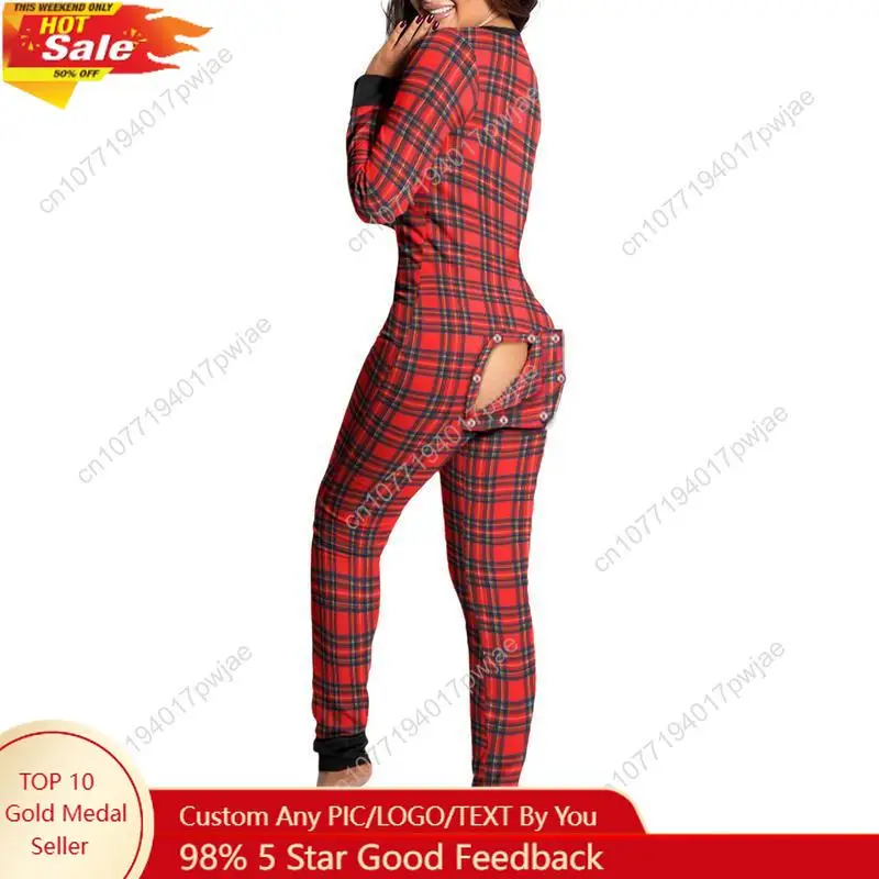 

Women's Sexy Butt Button Back Flap Jumpsuit V Neck Long Sleeve Romper Bodycon Pajamas