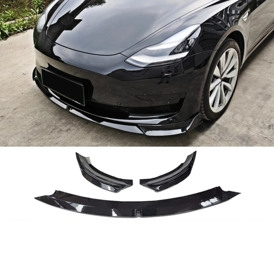 

For Tesla Model 3/Y 2017-2024 3-pcs Front Bumper Lip Splitter Decorative Small Body Kit Accessory Gloss Black Carbon Fiber Look