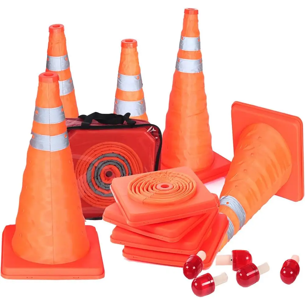 

18 Collapsible LED Traffic Cones - 5 Pack, Weighted, Fluorescent Orange with Reflective Strips for Night Safety