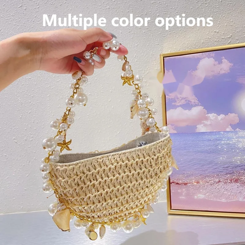 

Bohemian Pearl Straw Bag Conch Starfish Shell Pearl Women Handbags Half Moon Beach Shoulder Bag Rattan Crossbody Bag Ladies Tote