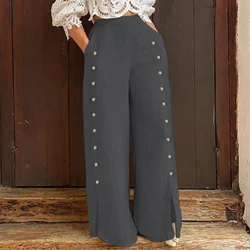 Women Elegant Fashion Pants Solid Color Casual Pocket Split Elastic Waist Wide Leg Loose All-Match Long Trousers New