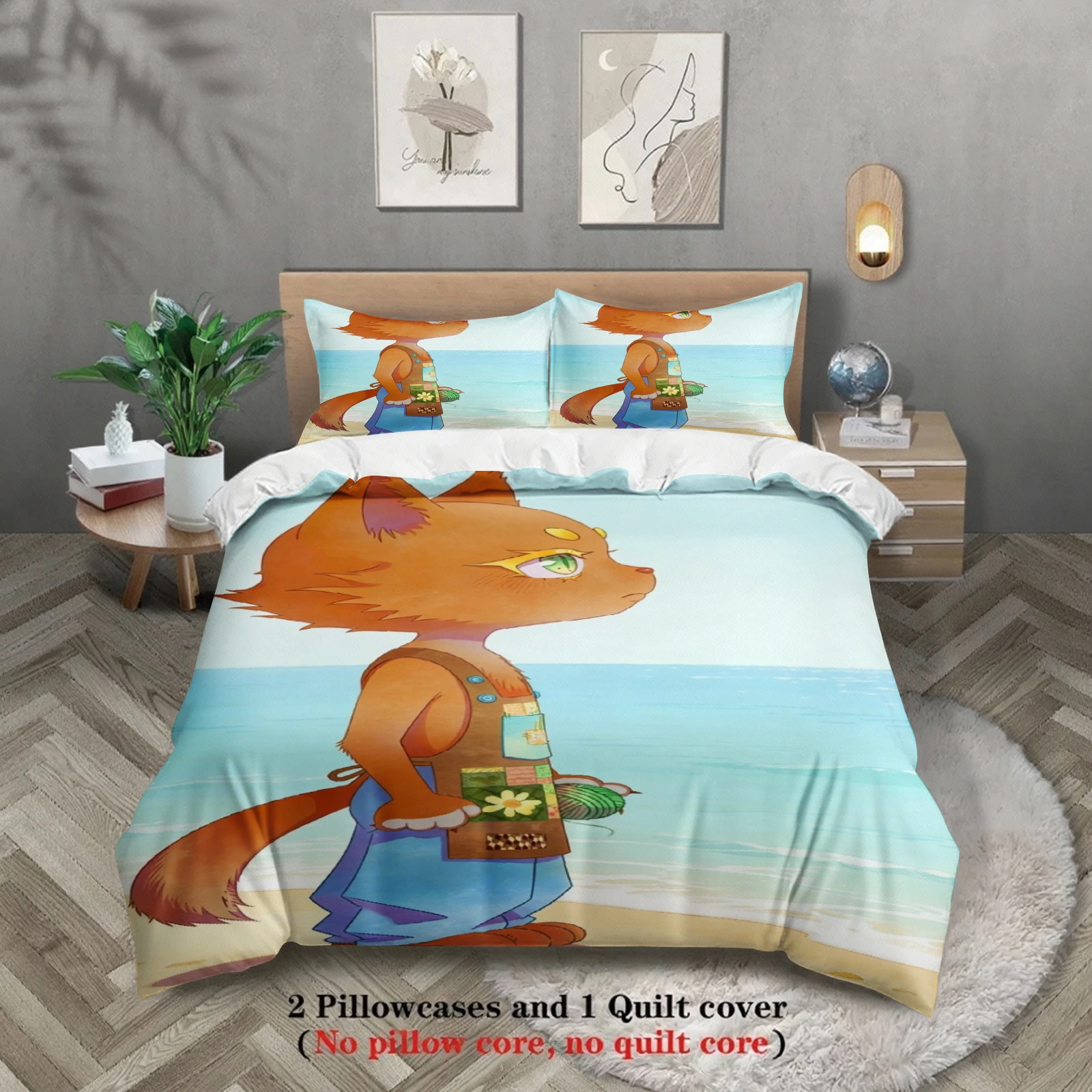 Blue Seaside Bedding Set Softville Cozy Town Cute Fern the Quilt Fox With Duvet Cover & Pillowcase For Children's Bedroom Decor