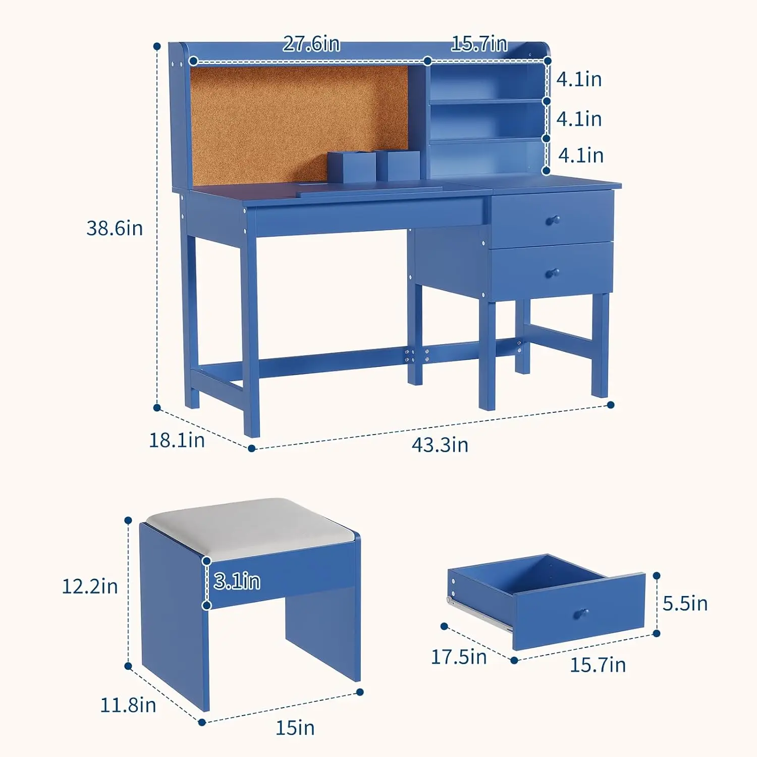 Adjustable Kids Desk and Chair Set with Tilt Desktop, Hutch, Drawers & Cork Board, Ergonomic Wooden Study Table for Boys and Girls Ages 3-8 Years - view 7