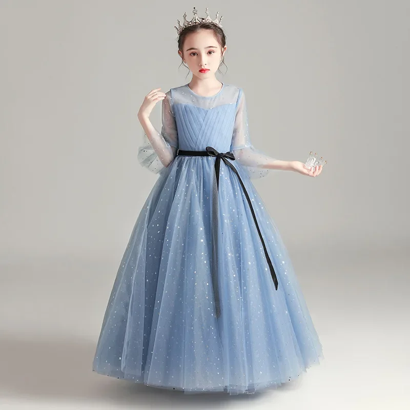 

Long Blue Lace Dress Tulle Girls elegant Party Pageant Gown Children for 10 Years Flower Kid Wedding Bridesmaid Evening Dresses