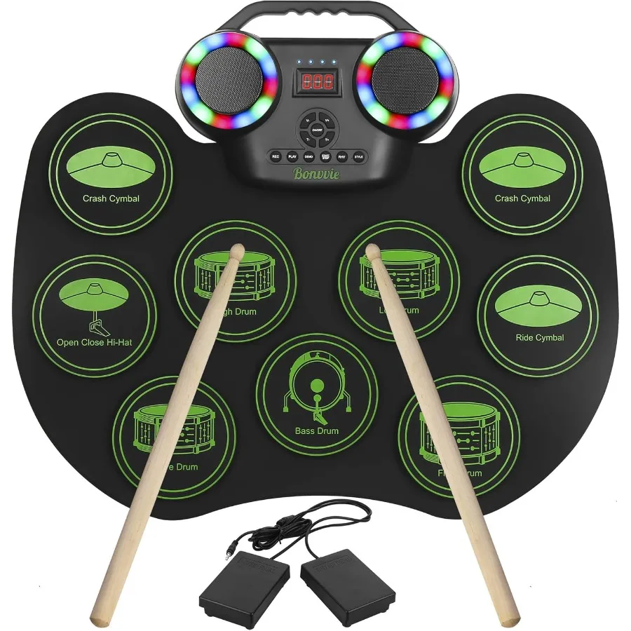 

Portable Electronic Drum Kit with 9 Pads Digital Roll-Up Design Built-in Dual Speakers Rechargeable 2000 mAh Battery MIDI DTC S