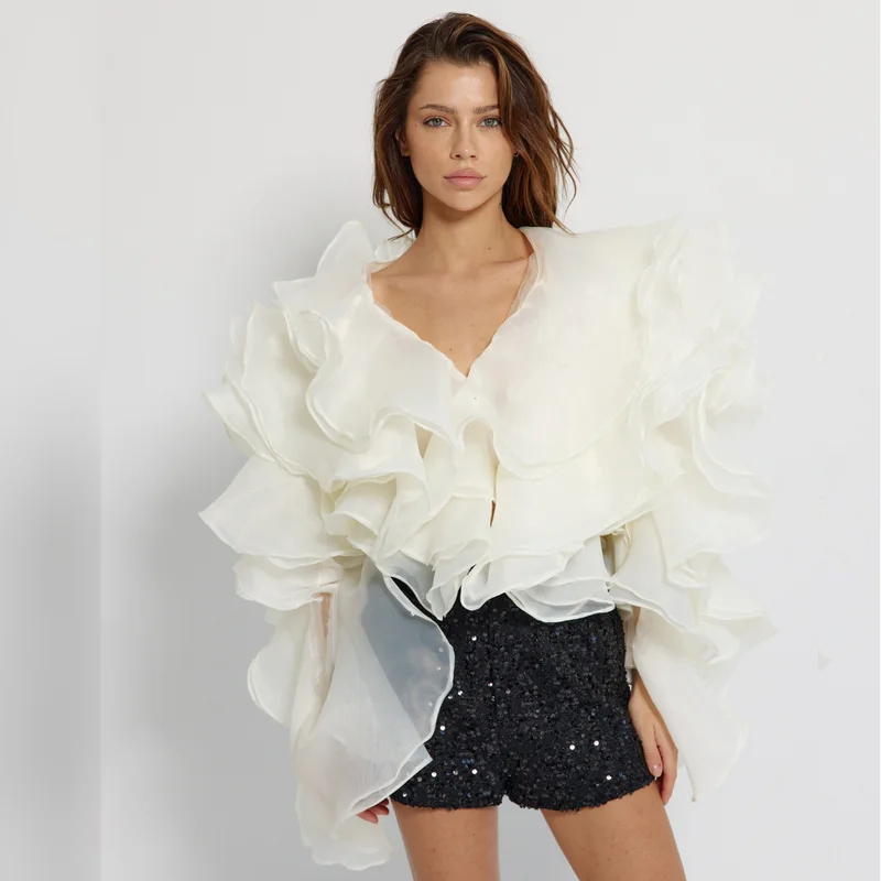 New Couture Ivory Organza Tierred Ruffles Short Jacket Puff Full Sleeves Women Short Jackets Handmade Female Tope