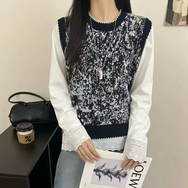 

Unique Faion Thiened Knitted Vest Women's round Ne Svel Loose Warm Thermal Layering Clothing Retro Pattern
