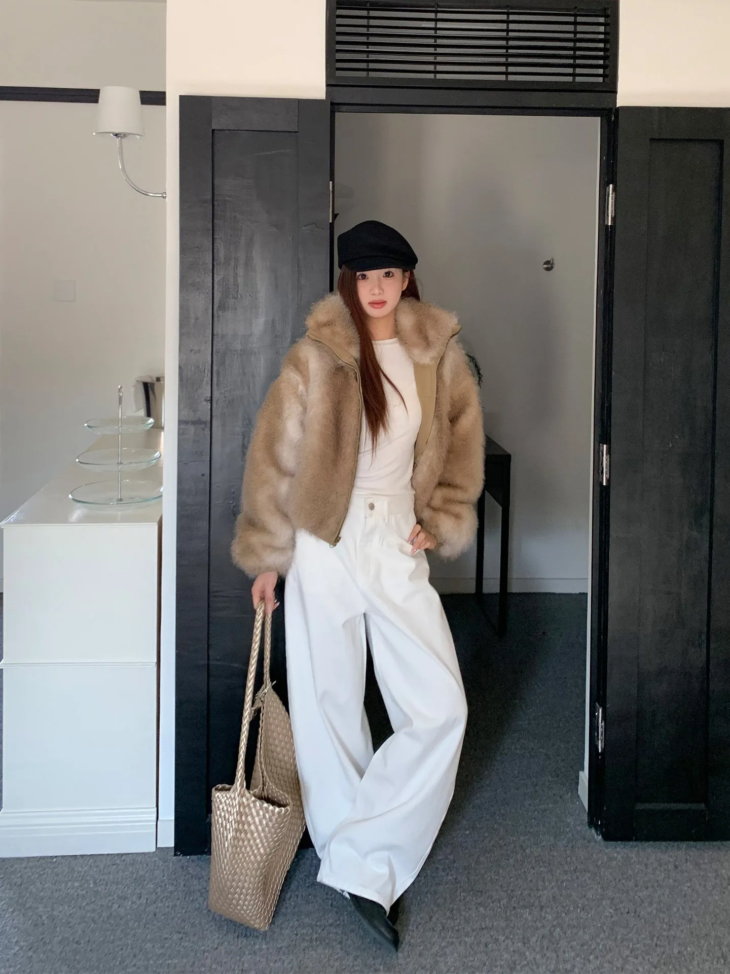 Jaqueta de Couro Ecológica de Alta Qualidade para Mulheres, Jaqueta de Inverno com Forro Quente de Pelúcia Dupla Face