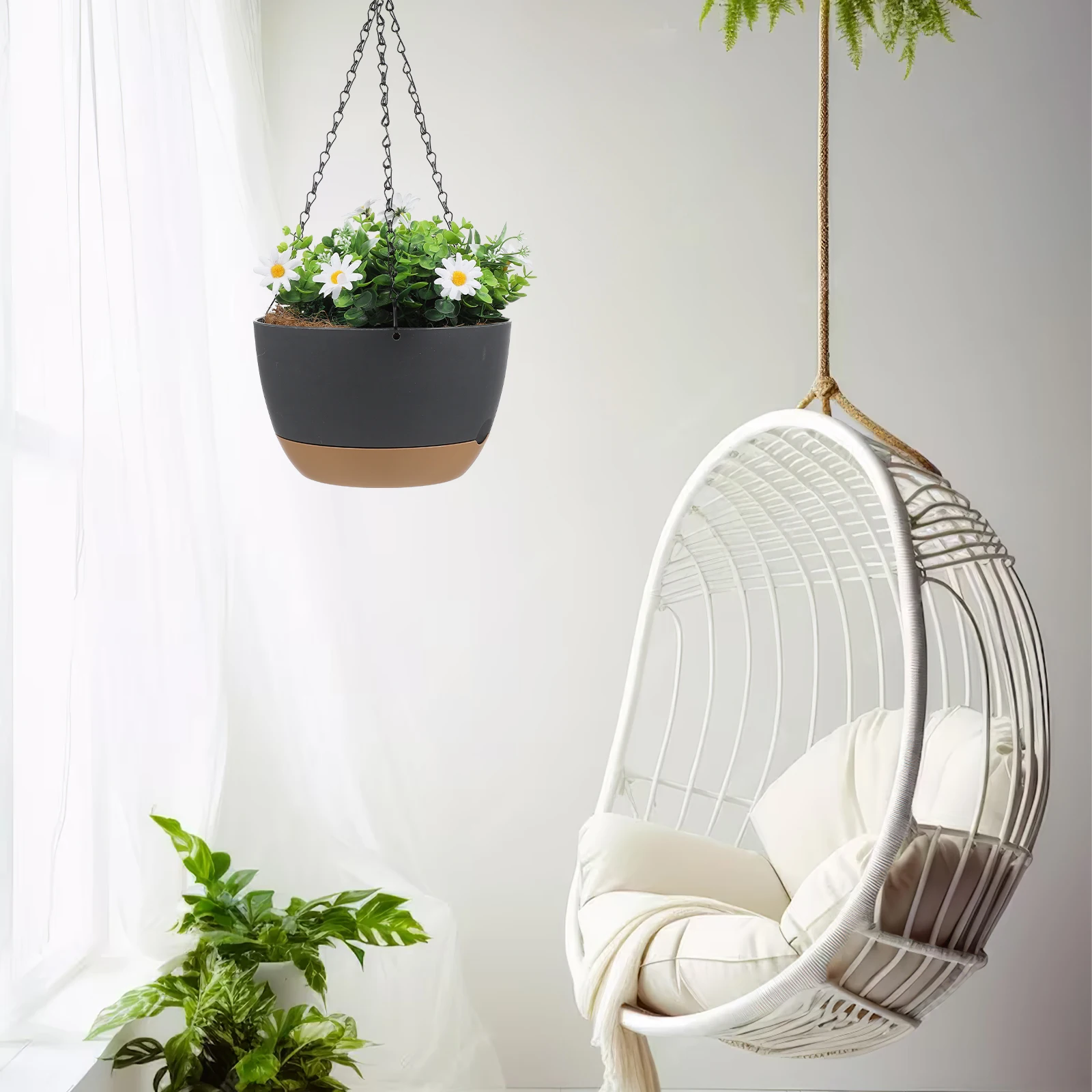 

Hanging Basket Flower Pot 2 Sets Deep Gray Medium Size Sturdy Material Water Tray Hanging Planter Plant Pots