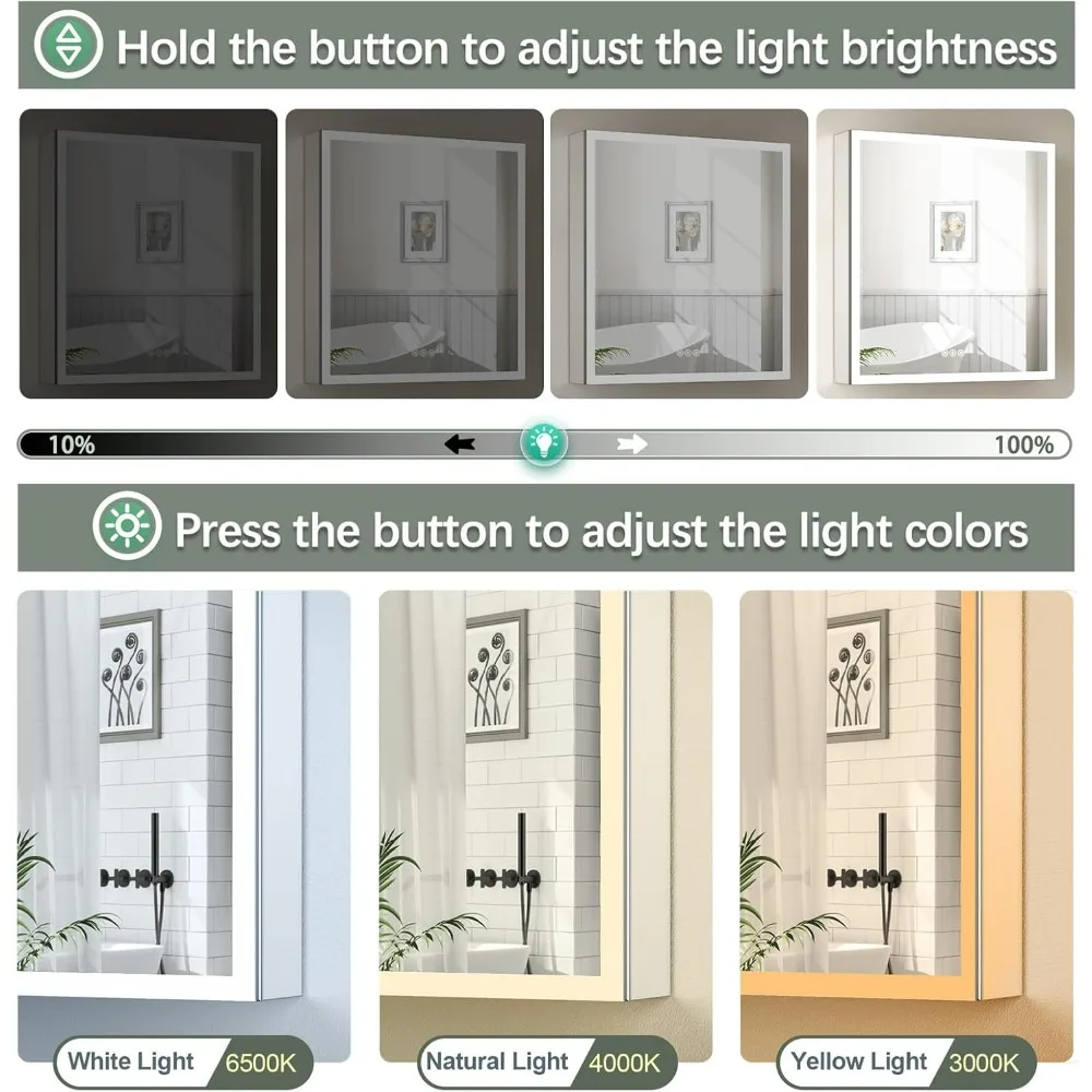 36x32 Inch Bathroom Medicine Cabinet Mirror With Lights Miror Wall Adhesive Mirrors Plug-in or Hardwired 3 Colors/Dimmable/Defog