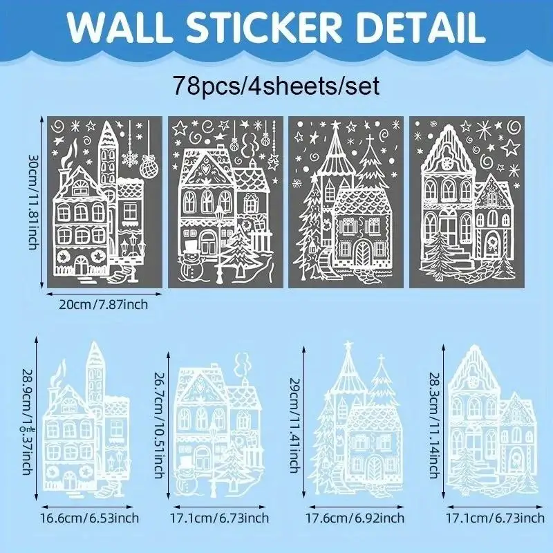 4 Pcs Christmas Window Decals: Reindeer Pine Tree Snowflake Pattern Self Adhesive Home Xmas Holiday