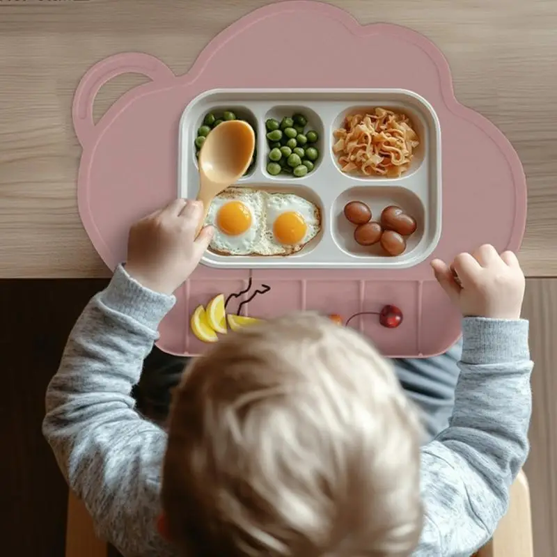 U13F Baby Feeding Plate Kids Placemats with Catching Pocket Travel Dinner Placemat for Toddlers Kid Cloud Tablemat