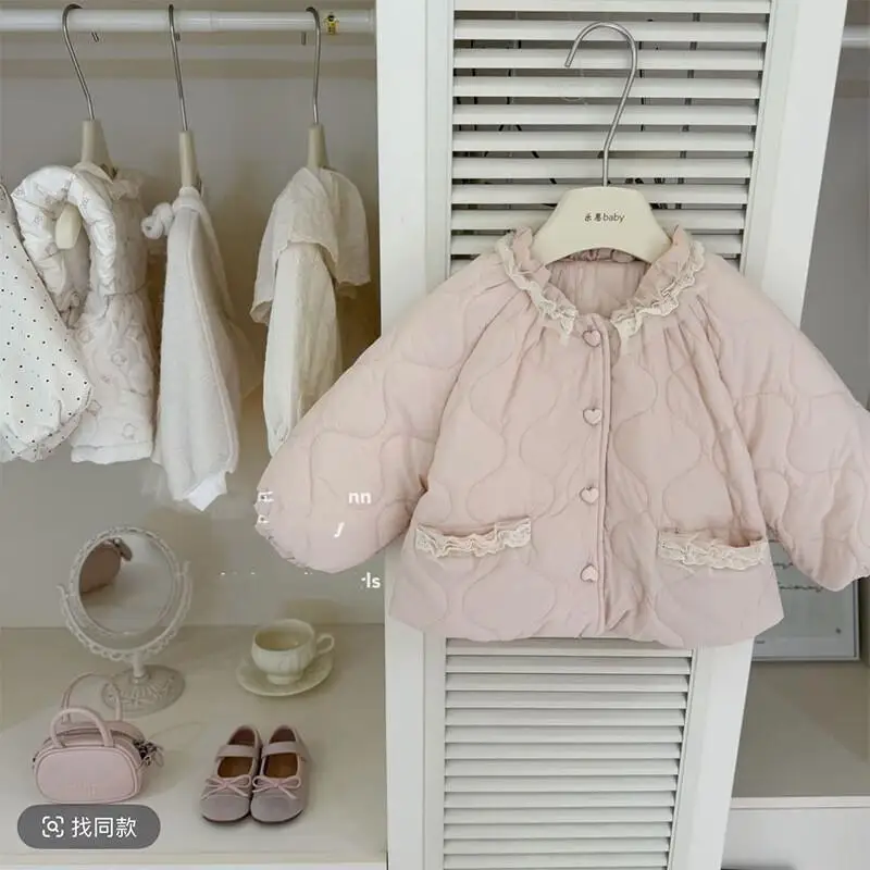 

Girls Pink Fleece Cotton Coat Winter Sweet Lace Collar Thick Warm Single Button Jacket for Kids Cold Weather Outfit Casual Warm