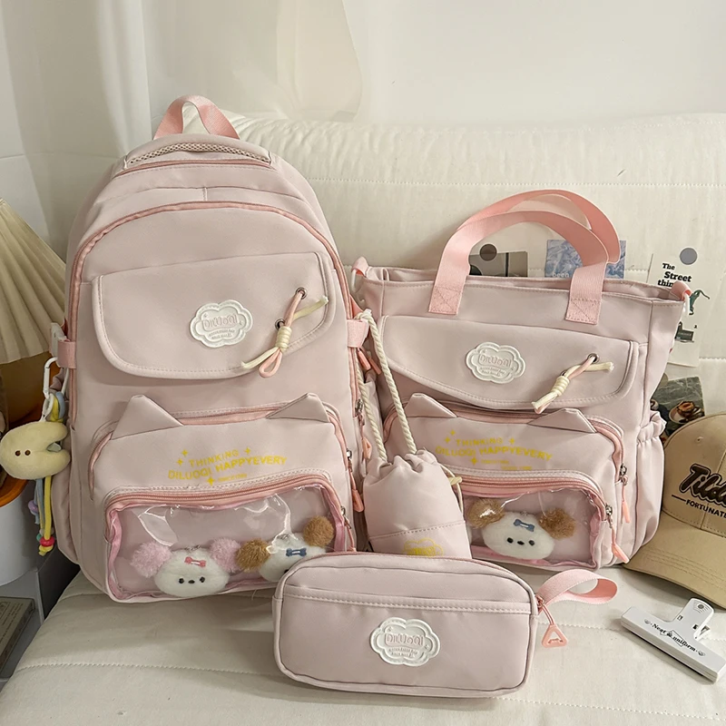 Women's Cartoon Cat Ear Backpack Clear Pocket Design Plush Charm Decor Casual Daily School Travel Bag 2026 New Trend Back Packs