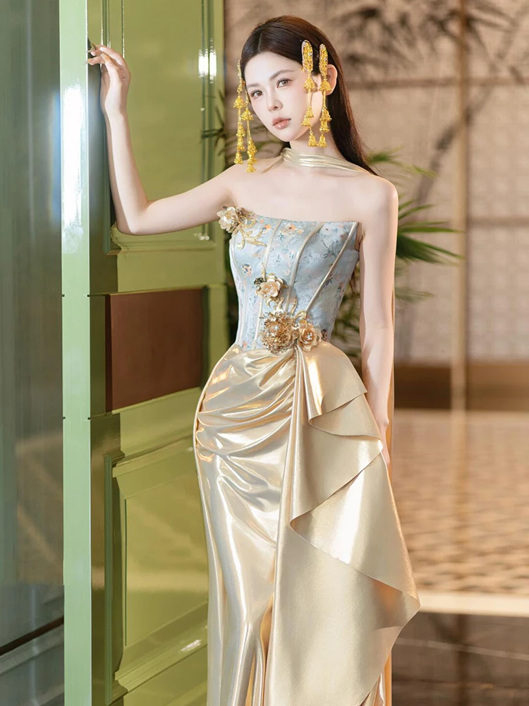 Boda dorada de alta gama Dr nuevo vestido chino de la mañana Sle para mujer novia sin tirantes de lujo pequeño ence compromiso banquete Eve...