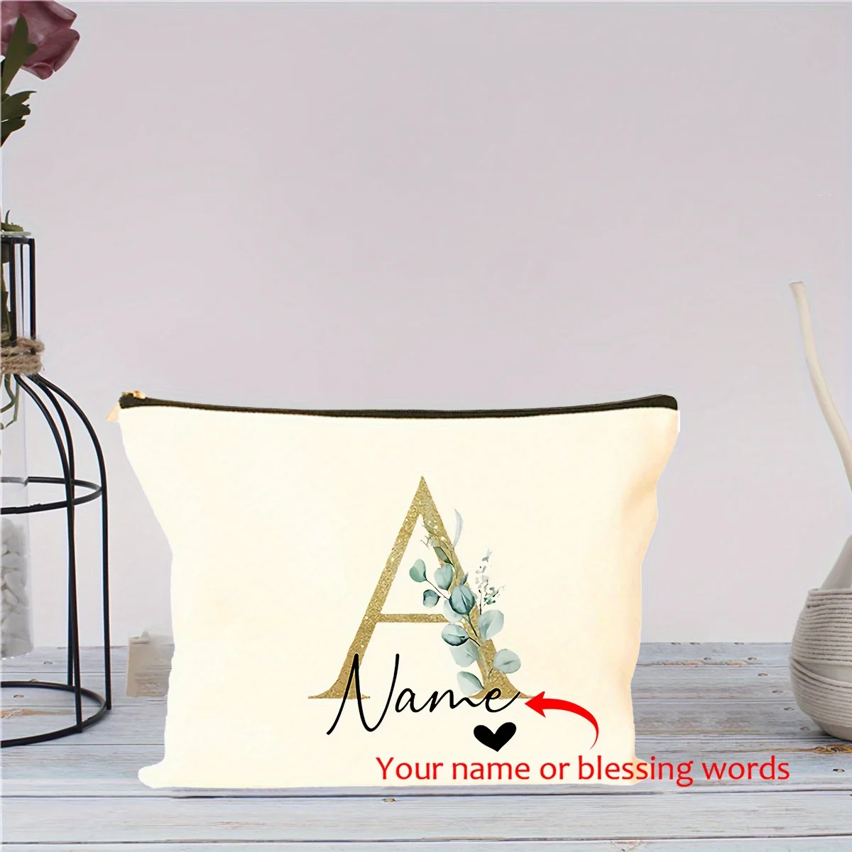 Creative Golden Cursive Design Letter Print Makeup Bag Personalized Name Travel Storage Toiletry Bag Thank You Bag for Gifts