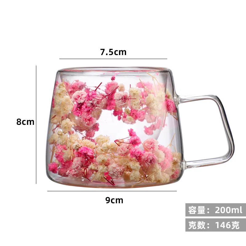 Double Wall Coffee Mug with Handles Clear Milk Cupsfor Hot Cold Drinks Gifts Glass Cup Fill Artificial Simulation Flowers Teacup