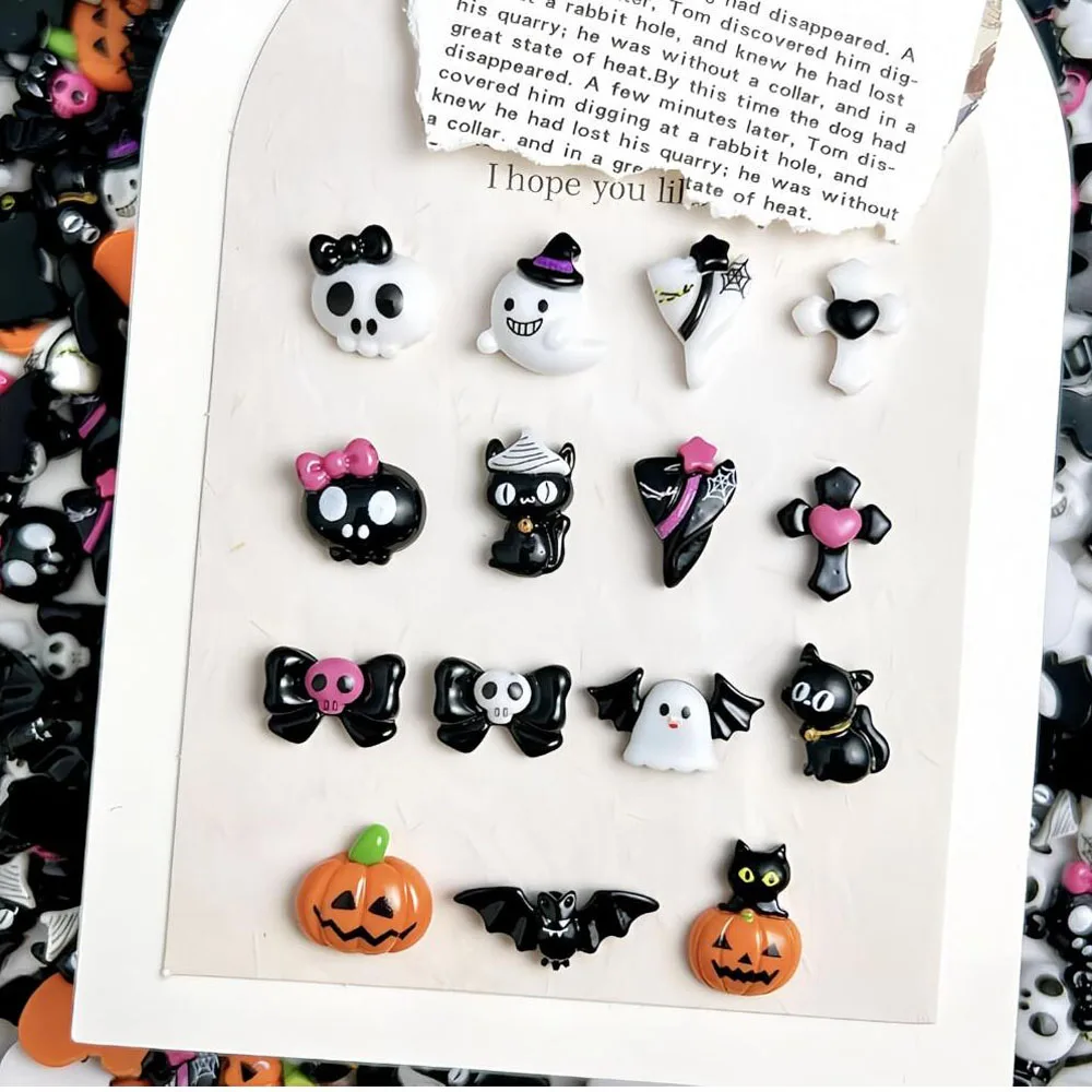 15grids Halloween 3D Resin Nail Charms Mixed Cartoon Pink Bow Ghost Bat Pumpkin Skull Nail Decor DIY Sweet Cool Manicure Supplie - view 3