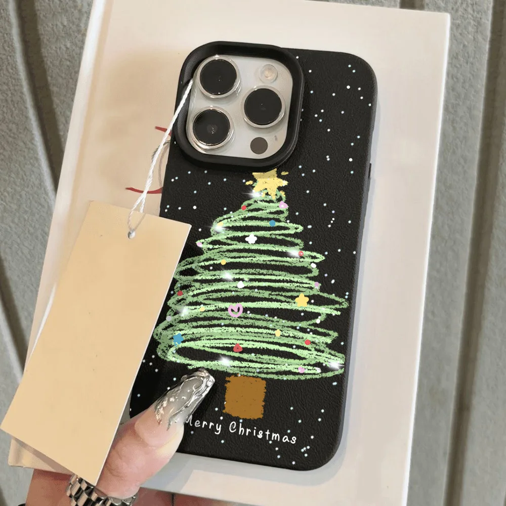 Christmas Tree Leather Painted Phone Case For iPhone 11 Pro Max 16 15 Pro 14 13 12 Cover 15 14 Plus Sockproof Soft Protective