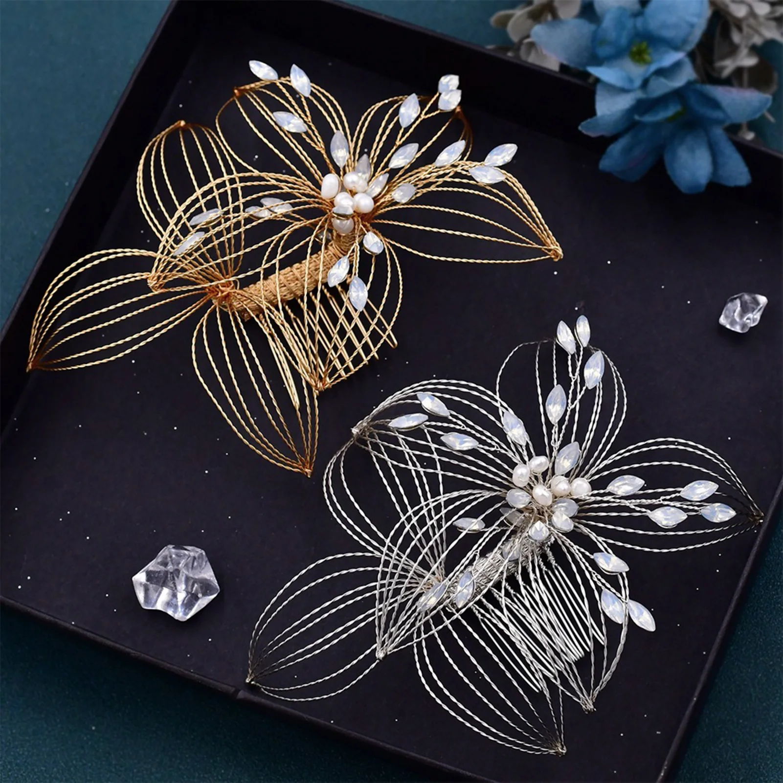 Hair Combs Clips Girls Hair Fork Luxurious Pearl Opal Leaves Hair Accessories for Bridesmaid Hair Decorative Ornaments