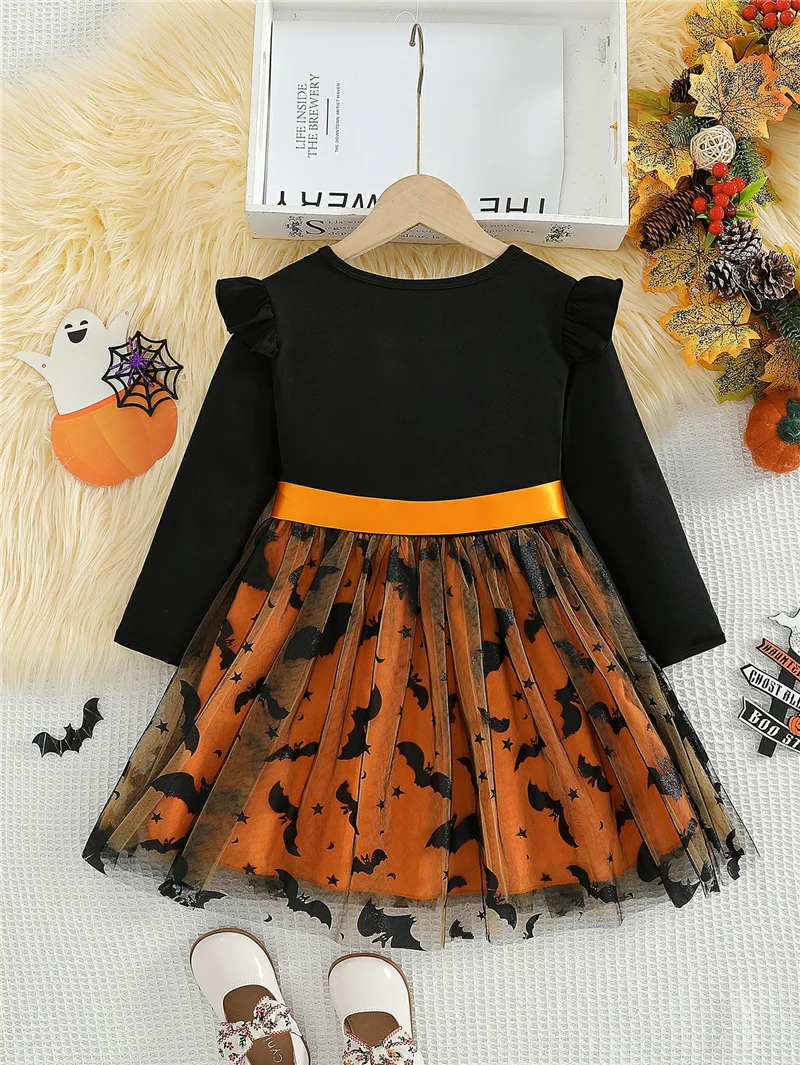 Girls Print Dresses Halloween Costume Kids Long Sleeve Patchwork Tulle Dress Holiday Party Performance Gown Ball 2-6 Years