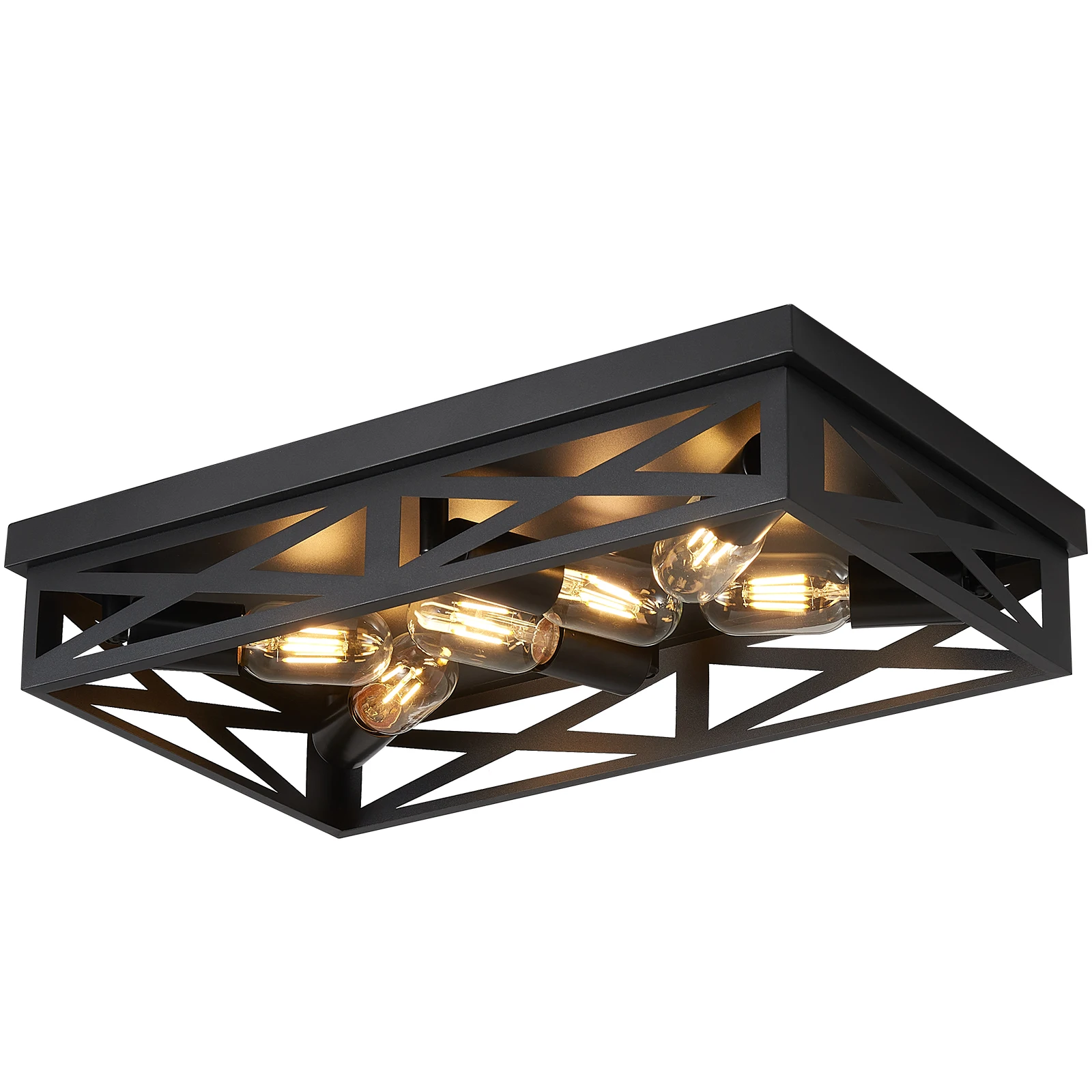 6-Light Matte Black Square Flush Mount Ceiling Light, Vintage Hollow Geometric Iron Cage Lamp, Industrial Farmhouse Lighting