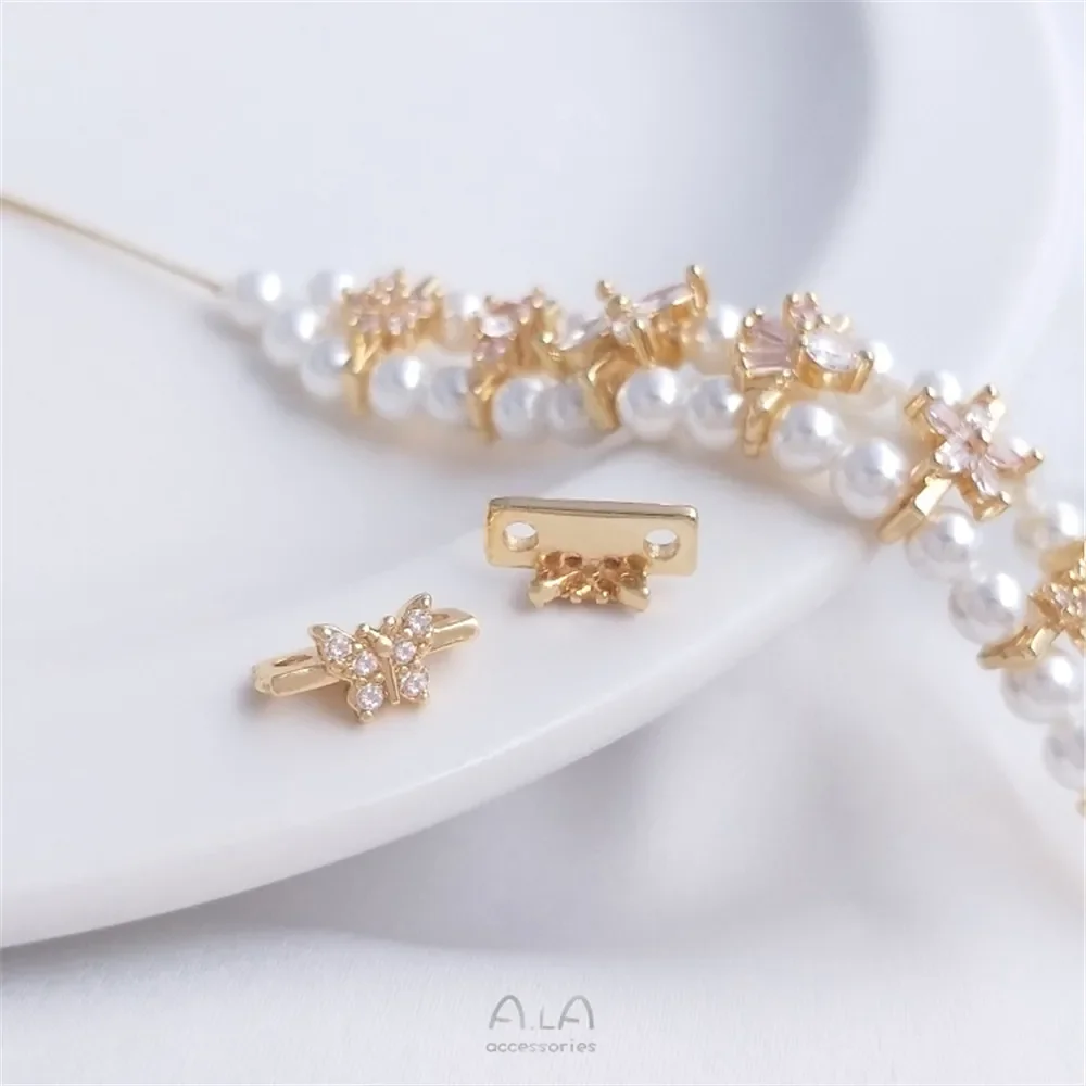 

14K gold with zirconium flowers butterfly double row string pearl spacer double hole spacer beads material jewelry accessories