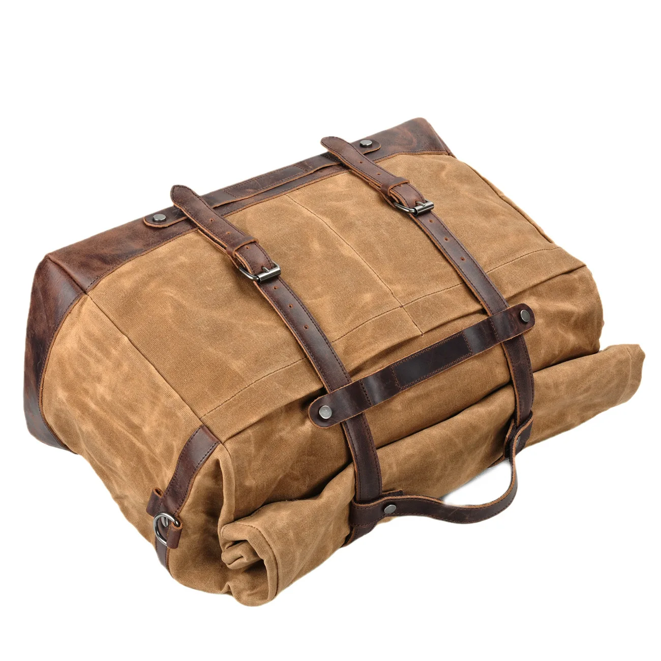 Vintage waxed canvas duffel bag with genuine leather trim – men’s travel handbag, large-capacity outdoor crossbody travel bag - view 5