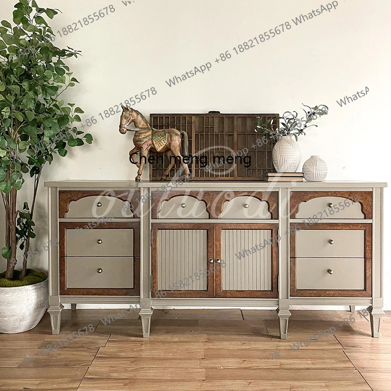 

French contrasting color TV cabinet, living room storage locker integrated with wall household solid wood dining side cabinet