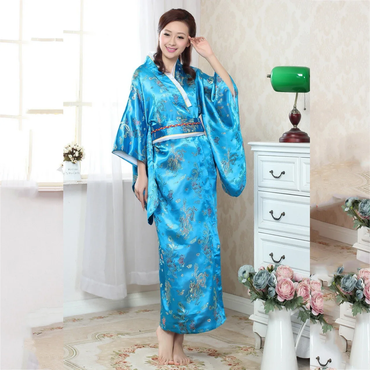 تأثيري حلي التنين فينيكس ثوب الكيمونو الياباني التقليدي خمر المرأة يوكاتا الوطنية زي الجيشا أداء اللباس