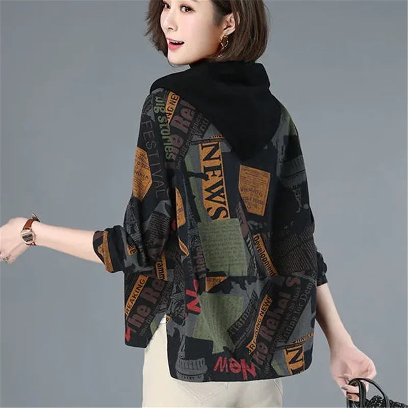 Women\'s Spring Autumn Jacket 2023 New Fashion Loose Printing Coat Hooded Zipper Join Together Leisure 5XL Outerwear Female