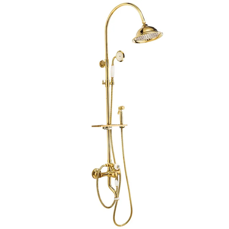 

French retro brass gold single handle, white jade faucet lifting hot and cold with spray gun, shower with storage basket