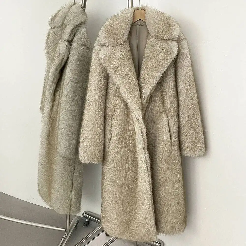 OFTBUY longue fausse veste mode Style européen revers manteau de fourrure écologique bouton couvert ample décontracté femmes manteaux hiver