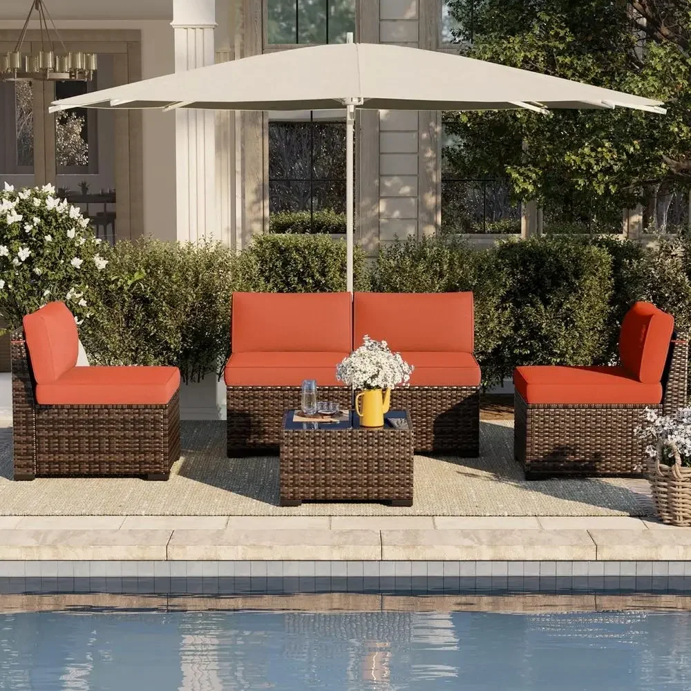 5-Piece Outdoor Sectional Sofa Set with Cushions and Glass Coffee Table, Orange PE Wicker Rattan