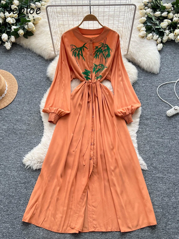 

Neploe Casual Holidays Elegant Single Breasted Dress Slim Waist O Neck Lantern Mujer French Vintage Heavy Lace Up Ruched Vestido