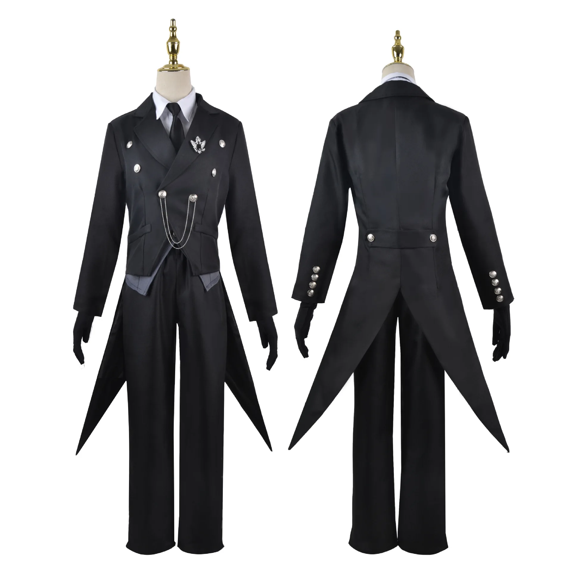 Black Butler Sebastian Cosplay Full Set Men EU Size Tuxedo Costume, Coat Vest Shirt Pants Gloves Necktie Brooch Chain view 3