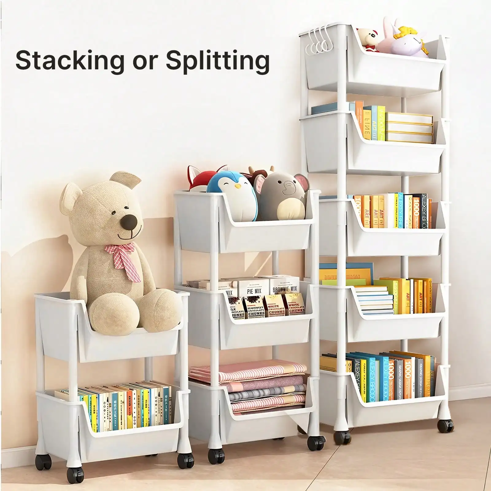 

5 Tier Storage With Wheels, Multi-Functional Mobile Shelves, Kitchen Trolley With Hooks, Bedroom, Living Room, Study Room