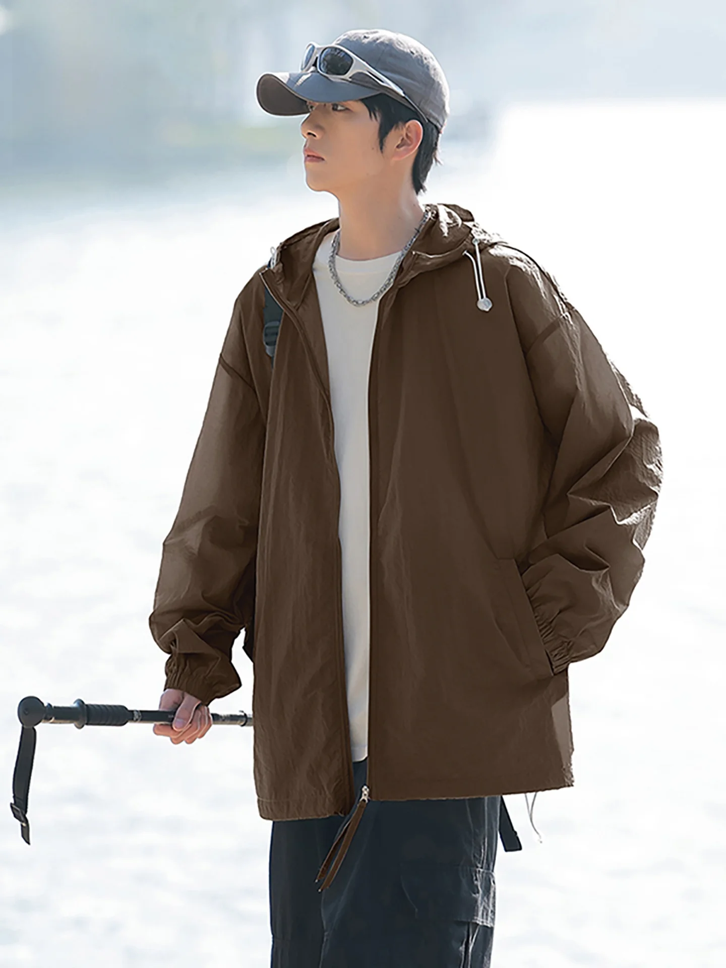 

Outdoor Men's Ice Silk Sun Protection Jaet Lightweight Summer Thin Pure Color Versatile Youthful Sle Loose Fit Long Sve