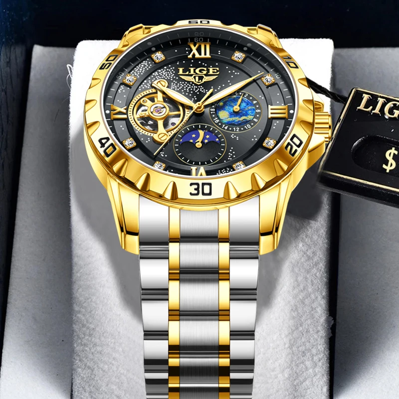 LIGE 2025 Automatic Watches Men Luxury Starlight Mechanical Mens Watch 30M Waterproof Luminous Fashion Wristwatches Reloj Hombre