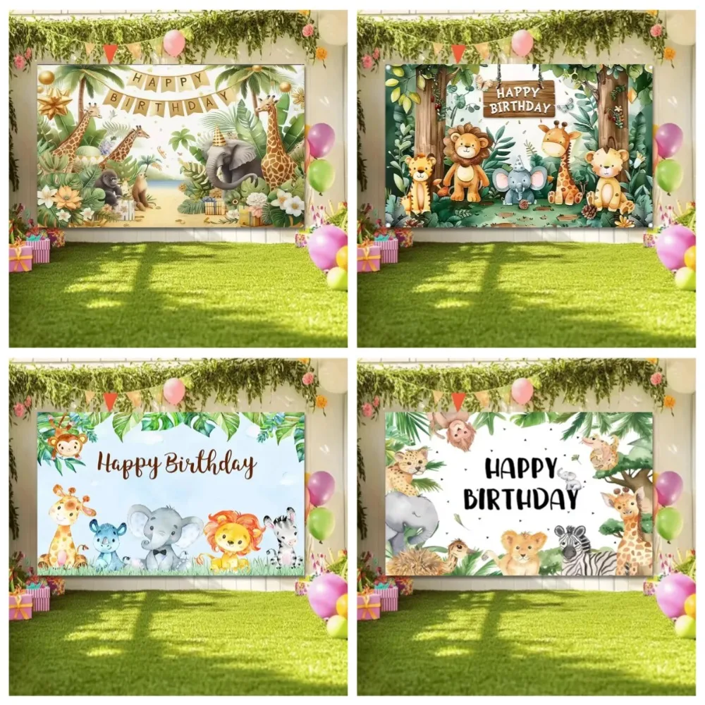 Tło fotograficzne z motywem zwierząt z dżungli, z możliwością personalizacji imieniem dziecka, na roczek, baby shower, spersonalizowane tło do zdjęć. — zdjęcie produktu 2