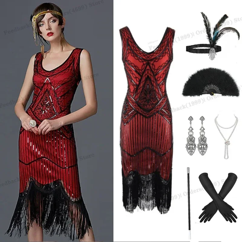 Neues 1920er Vintage Flapper-Kleid Gatsby-Party-Kostüm für Damen U-Ausschnitt Ärmellos Pailletten Quasten Cocktailkleider Zubehör-Set
