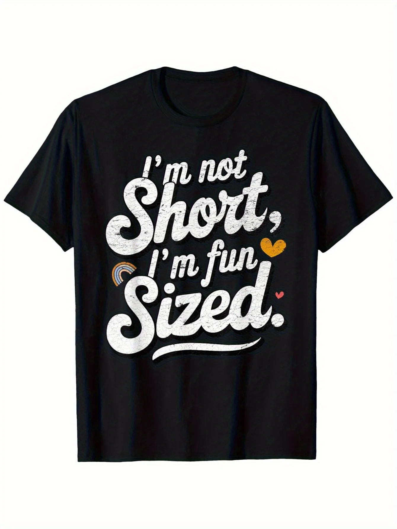 

Funny "I'm Not Short, I'm Fun Size" Pattern T-Shirt - Vintage Loose Short Sleeve Rainbow Heart Print Top - Black Unisex Casual