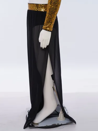 Imagen 2 del producto Traje de baile de Jazz para niñas, conjunto de dos piezas con lentejuelas recortadas en la espalda, Top corto con botones, pantalones de baile con abertura lateral de pierna ancha de gasa fluida