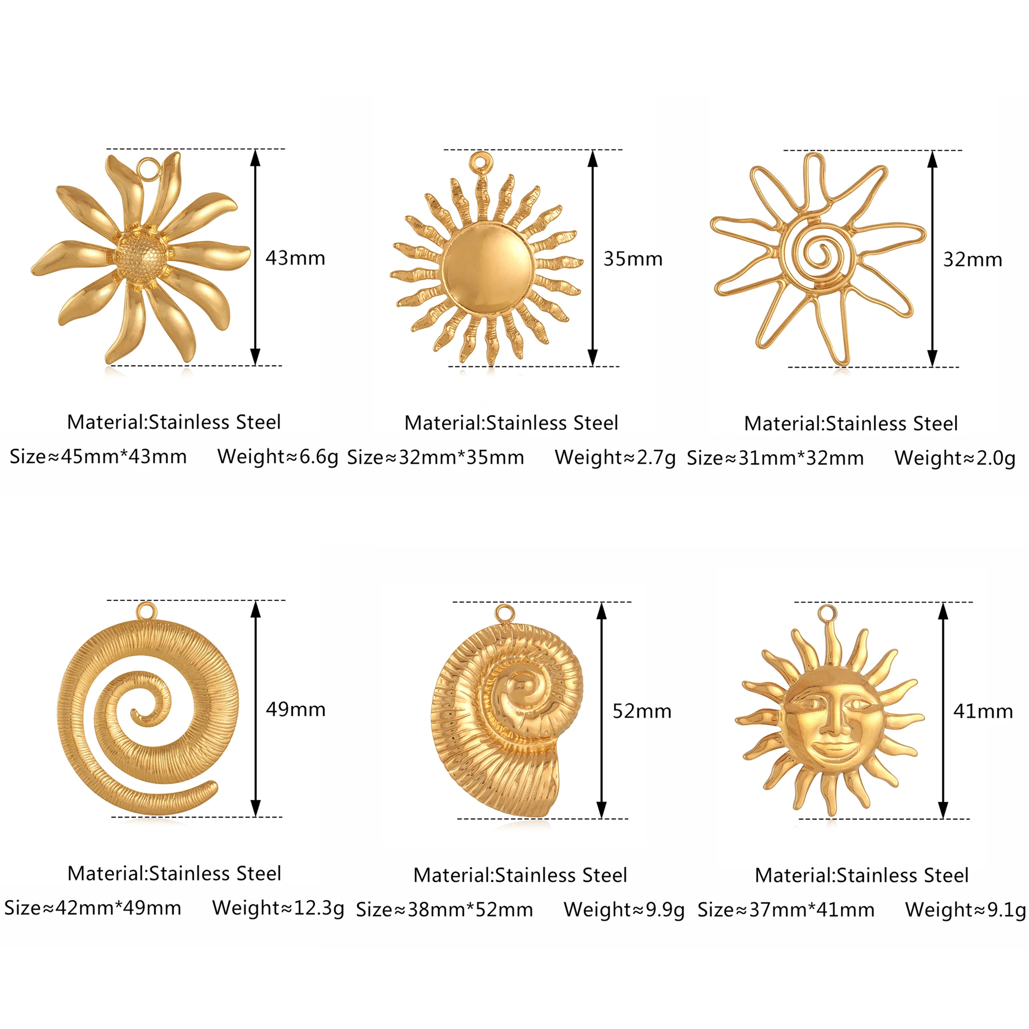 3Pcs Conch/Face Sun/Spiral/Flower Charms for Jewelry Making Stainless Steel Big Pendant Gold Color DIY Earring Necklace Supplies