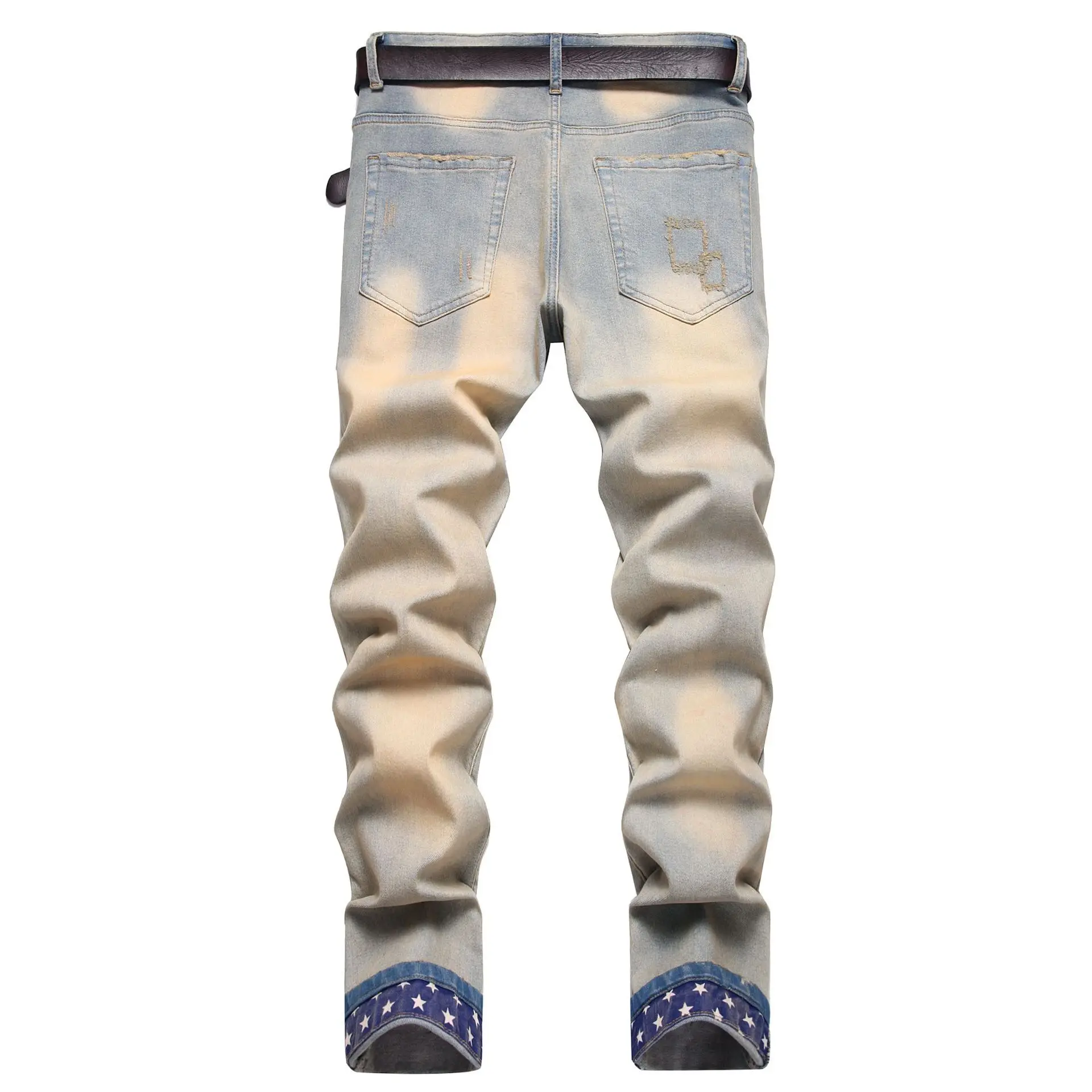 Men's Jeans for Spring and Fall, Decorated with A Five-pointed Star Motif Light Blue Denim Pants, Stylish Casual Trousers.