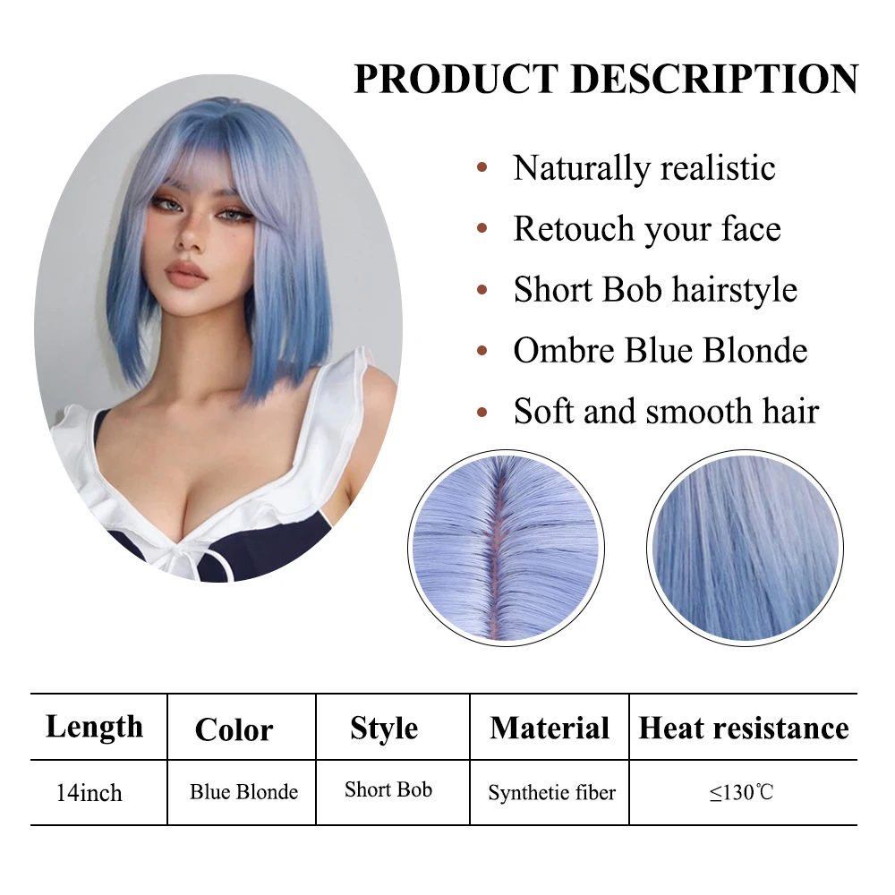 GEMMA Synthetic Straight Ombre Light Blue Wig with Bangs for Women Short Bob Cosplay Lolita Natural Hair Wigs Heat Resistant