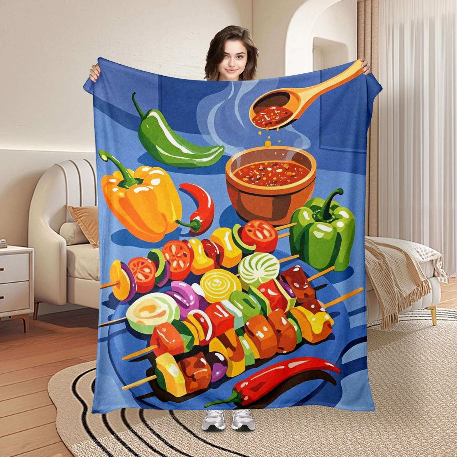 

Whimsical BBQ Light Blue Cartoon Plate Blanket For A Playful And Cozy Addition To Your Picnics Or Indoor Relaxation Moments