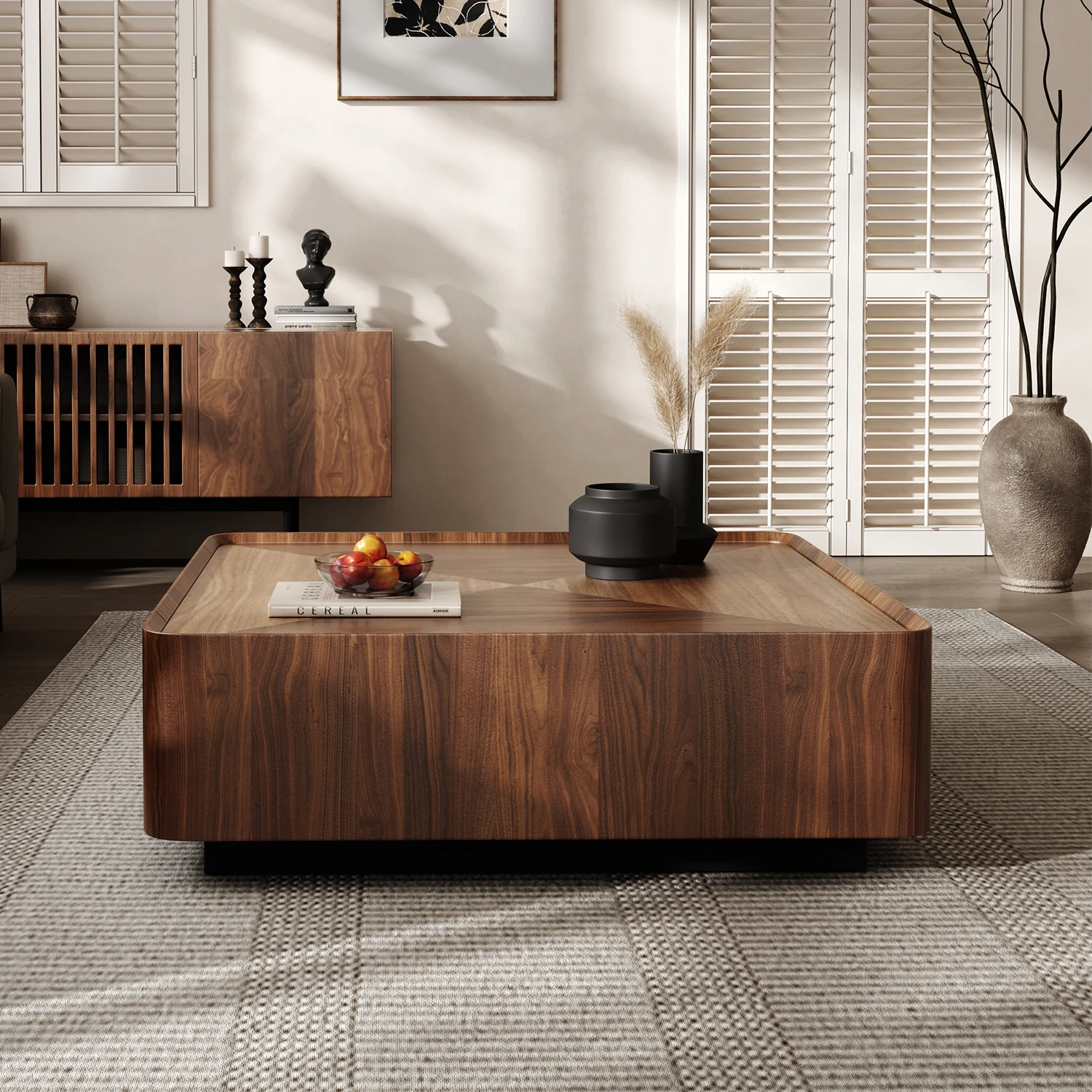 Square coffee table, walnut solid wood with 2 storage drawers, living room furniture
