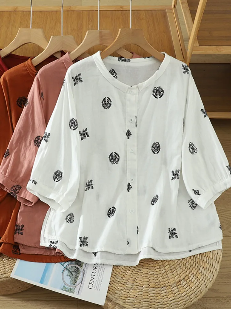 

Retro Heavy Embroidery Cotton Shirt Women Summer Thin Five-Quarter Sleeve Open Cardigan Top Loose Fit Regular Length Slimming